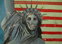 Graffiti art depicting the statue of liberty with a skull face against a striped background.