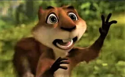 Animated chipmunk character with a surprised expression in a forest setting.