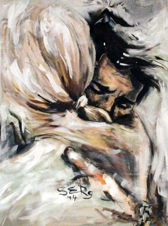 An expressive painting of an emotional embrace between two people.