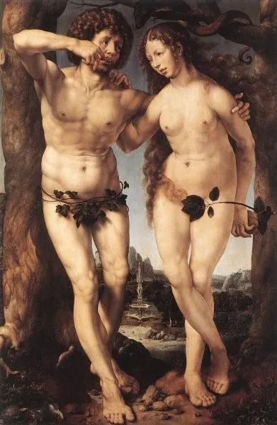 Adam and eve depicted in a renaissance painting, characterized by detailed human figures and a background suggesting the garden of eden.