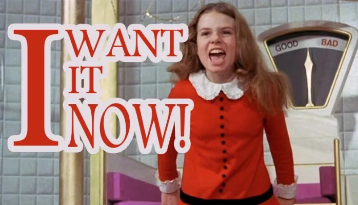 A girl in a red dress with an insistent expression and text that says "i want it now!.