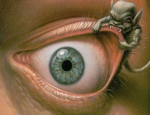 A fantastical creature pulling on the upper eyelid of a large, realistic human eye.