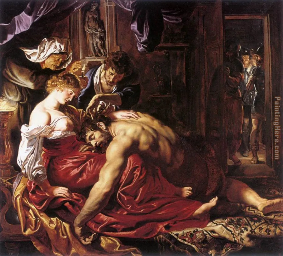 A baroque painting depicting a dramatic scene where a woman cuts the hair of a sleeping man as others watch.