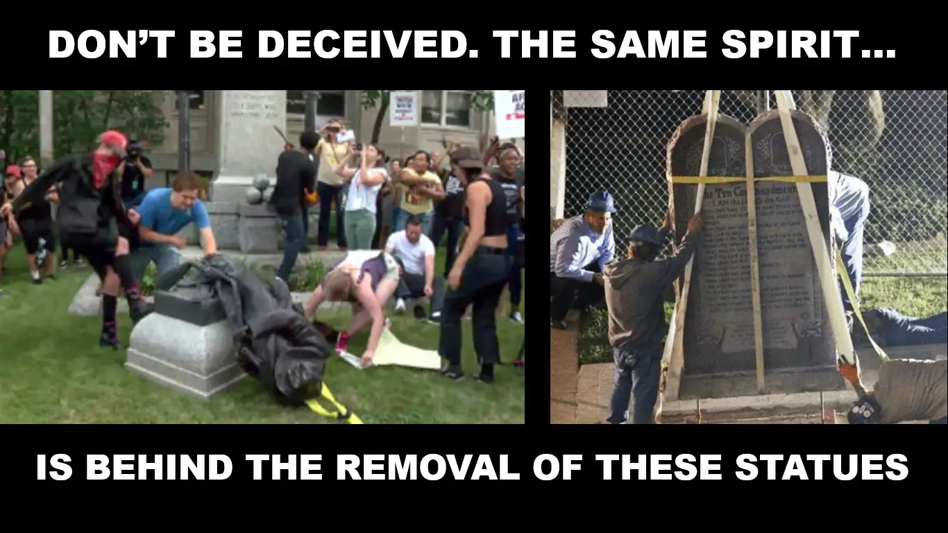 People removing a statue and a monument with a message suggesting a common motive behind both actions.