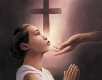 An illustration of a woman in prayer, looking up towards a divine hand with a cross in the background.