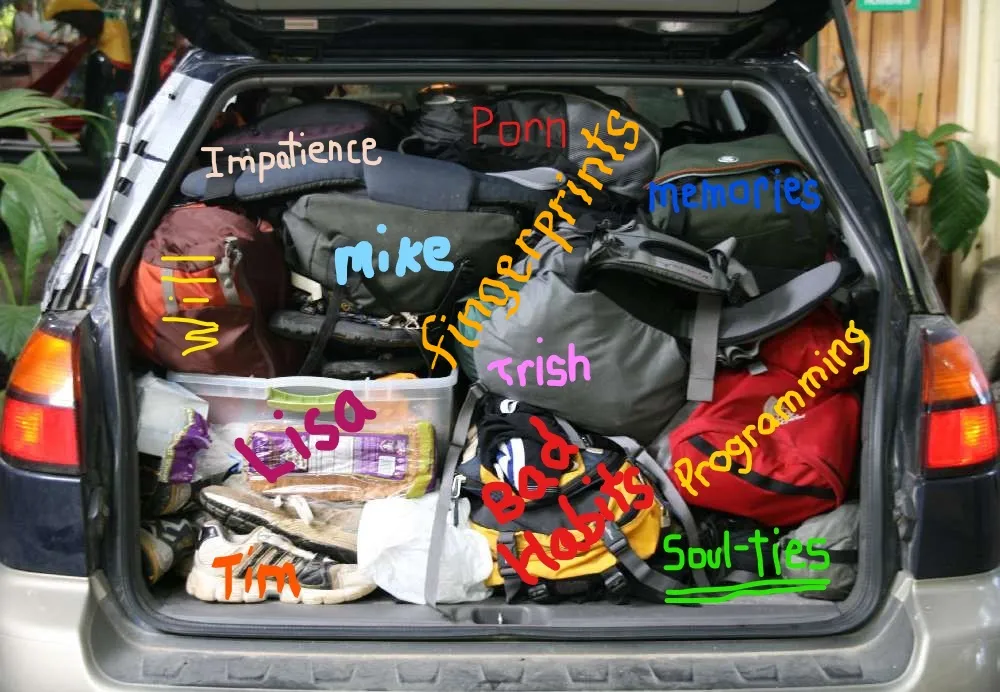 A car trunk full of various bags and items with colorful words superimposed that seem to represent abstract concepts or personal associations.