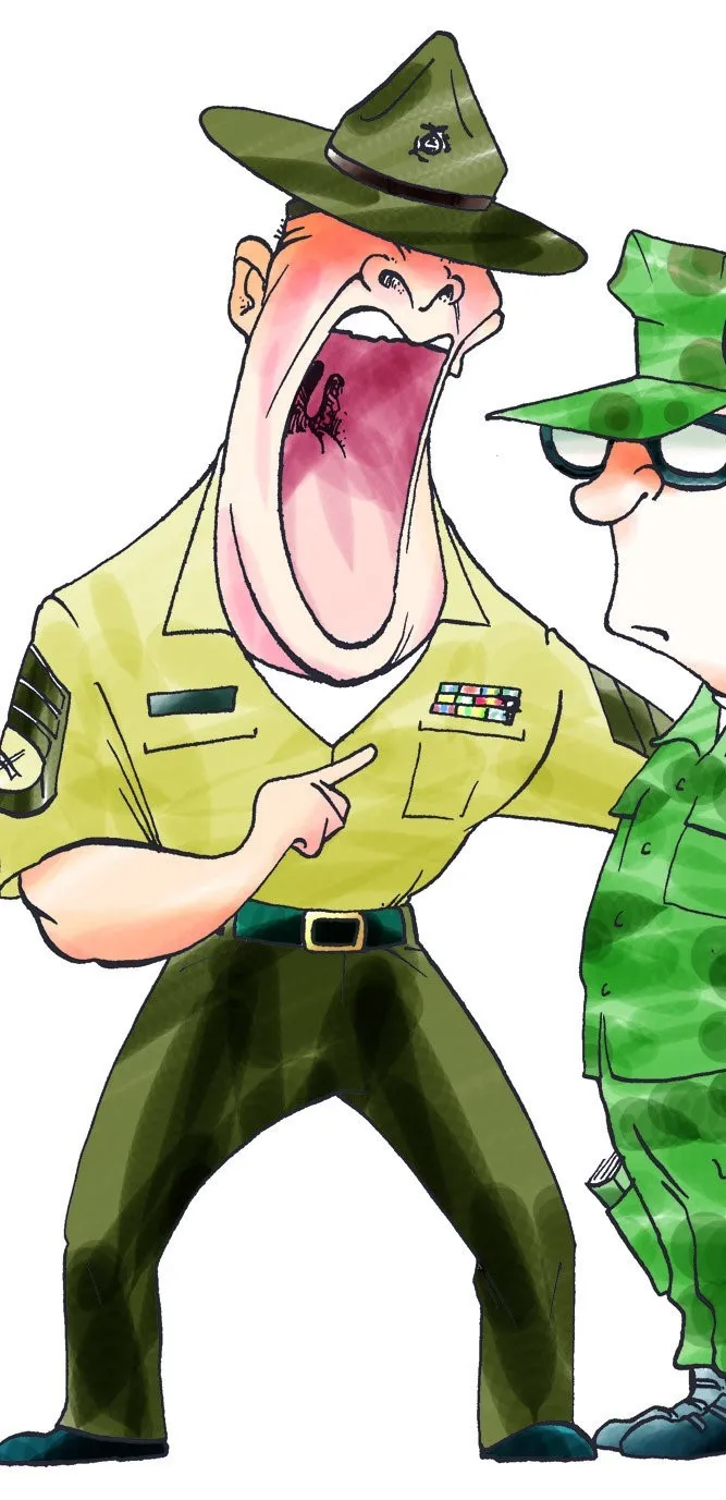 Illustration of a caricatured, stern-looking drill sergeant yelling at a soldier.