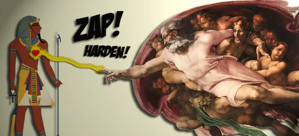 Illustration of a wall mural featuring an egyptian figure facing a classical god-like figure, with a speech bubble that reads "zap! harden!.