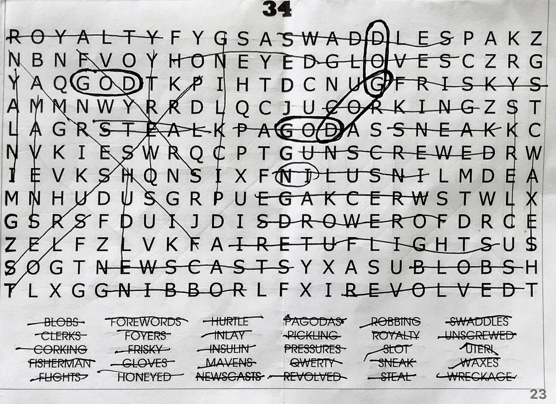 A partially completed word search puzzle with various circled and crossed-out words.