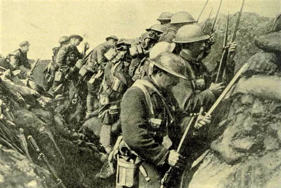 Soldiers in trenches prepared for battle during world war i.