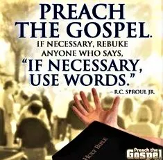 An image featuring a quote on religious evangelism attributed to r.c. sproul jr., emphasizing the use of words in preaching the gospel, set against a background of a person holding a bible and a crowd.