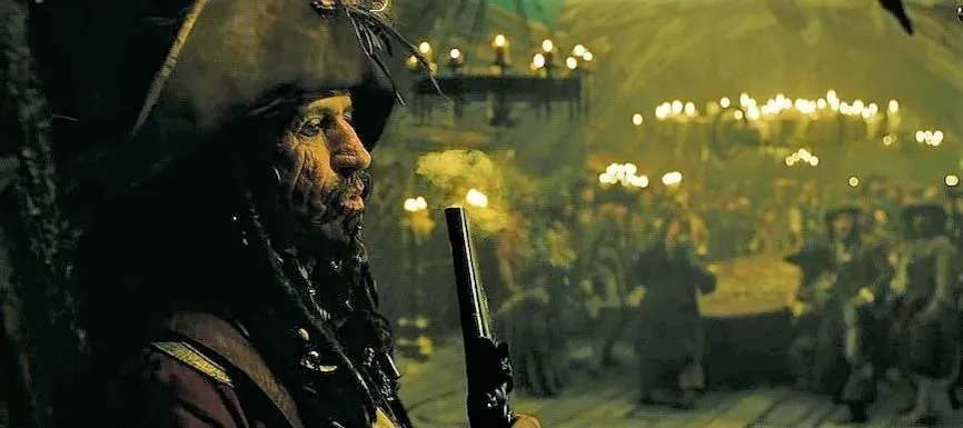 A person in pirate attire holding a weapon with a dimly lit tavern scene in the background.