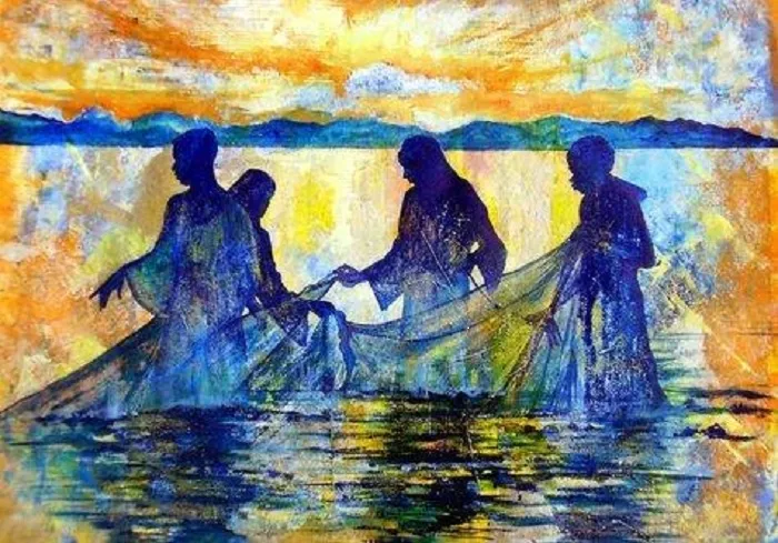 Silhouetted figures pulling in a net against a vividly colored sunset over water.