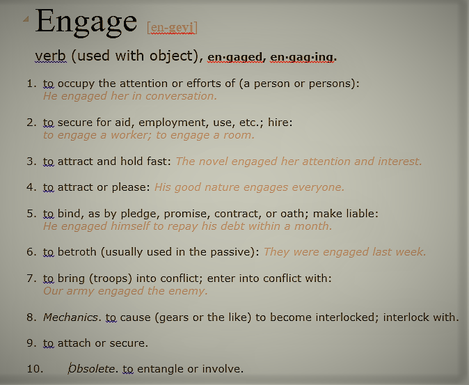 An open dictionary displaying the word "engage" along with its various definitions and examples of use.