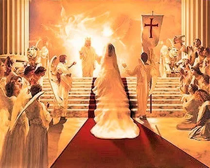 A bride walking up the aisle towards an altar with a fiery spectacle in the background, surrounded by attendees in white robes with some carrying banners.