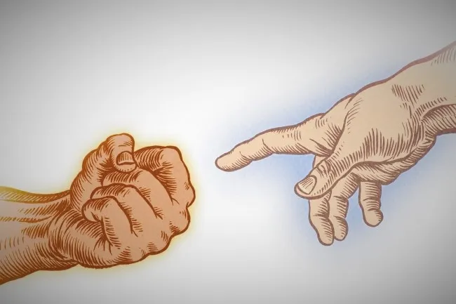 Illustration of two hands reaching towards each other, reminiscent of michelangelo's "the creation of adam".