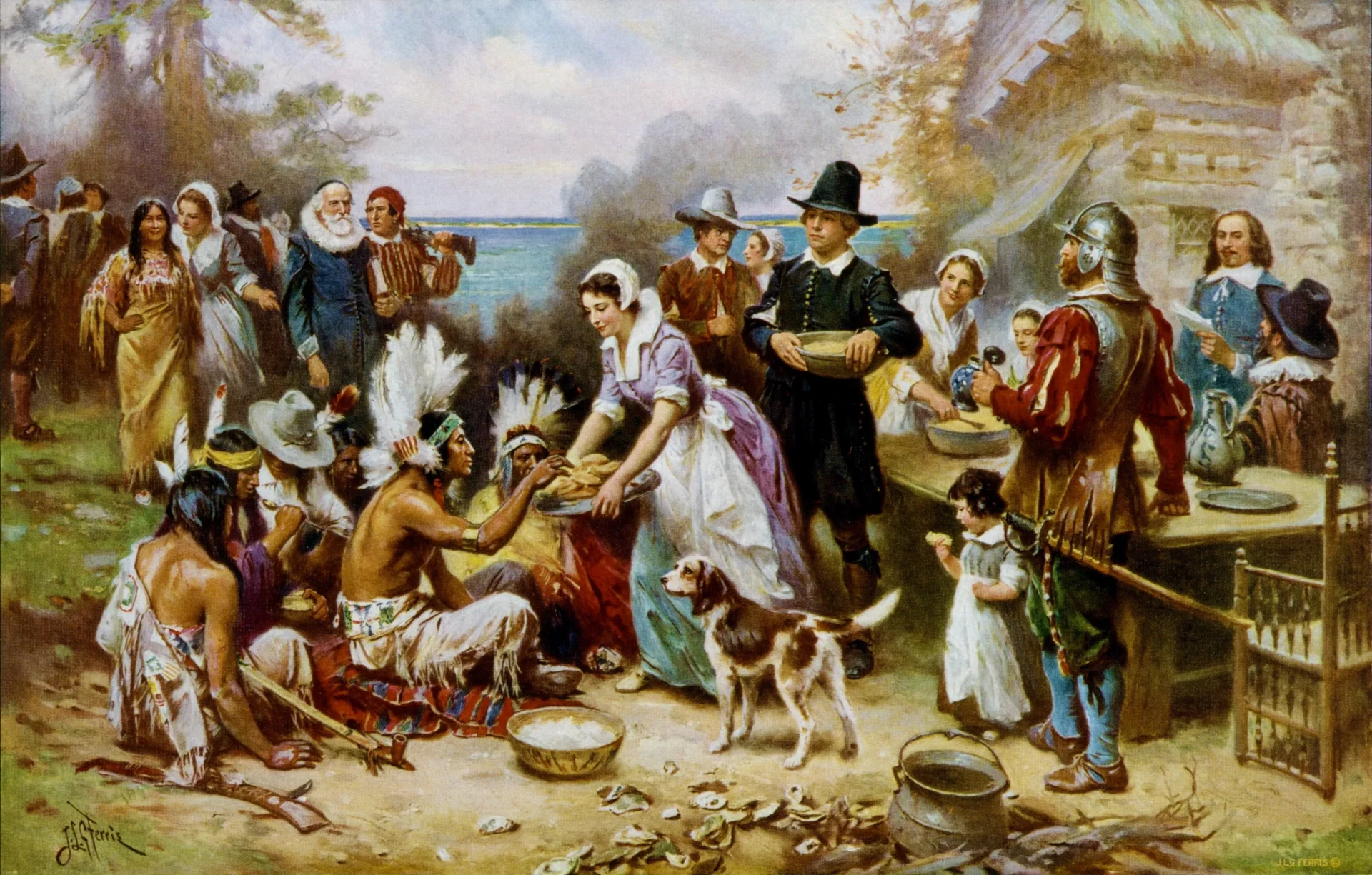 A painting depicting a historical scene of a gathering between european settlers and native americans, possibly representing a moment of cultural exchange or a thanksgiving-like event.