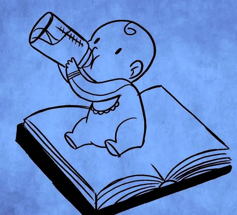 A cartoon baby drinking from a bottle while sitting on an open book.