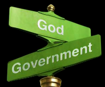 Green street signs with the words "god" and "government" displayed in a crossroad sign format against a black background.