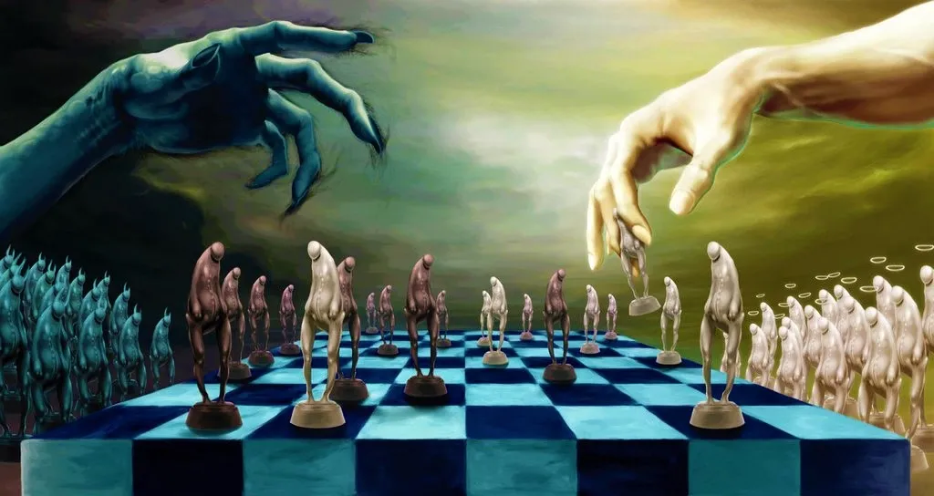 Two giant hands poised over a chessboard with pieces shaped like human figures, under a surreal, colorful sky.