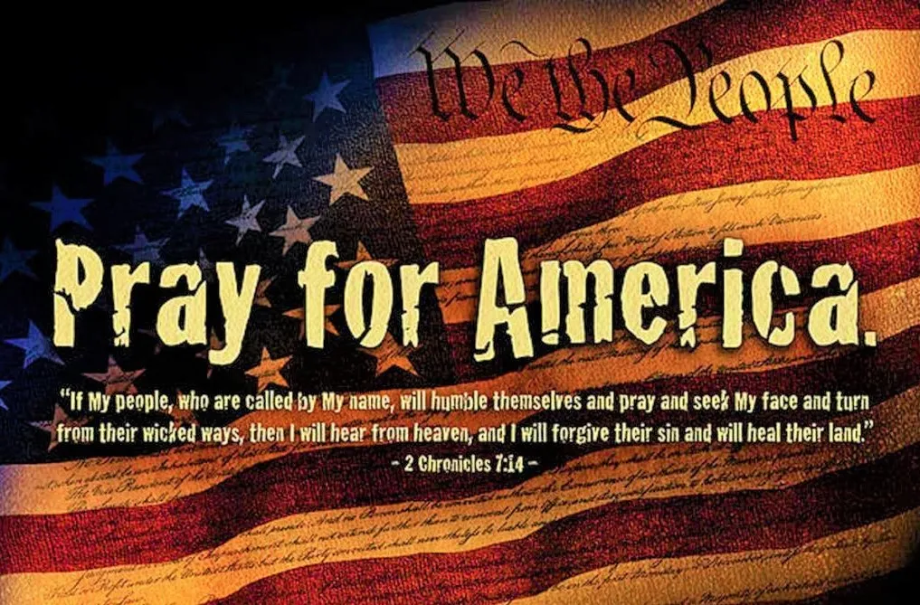 American flag backdrop with a call to prayer and a biblical quote, overlaid on the united states constitution's opening phrase "we the people.