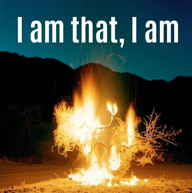 A blazing bonfire in the night with the phrase "i am that, i am" overlaid in white text.