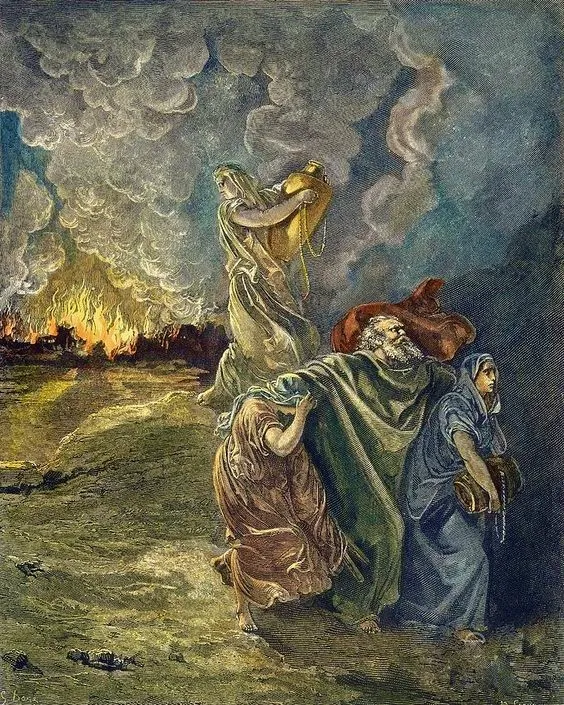 An illustration depicting the biblical escape of lot and his family from the burning city of sodom, with his wife looking back and turning into a pillar of salt.