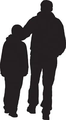 Silhouette of an adult holding hands with a child.