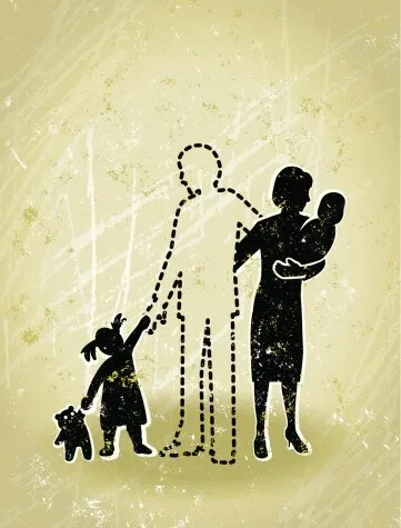 Illustration of a family with one parent missing, symbolized by a dotted outline, with the remaining parent holding a baby and a child holding onto the outline, accompanied by a dog.