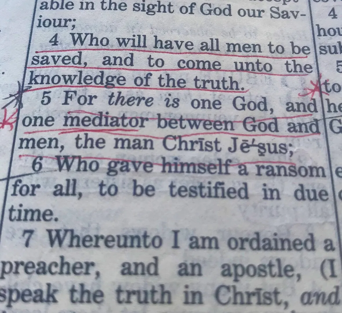 Close-up of a page from the bible with certain phrases underlined and marked in red.