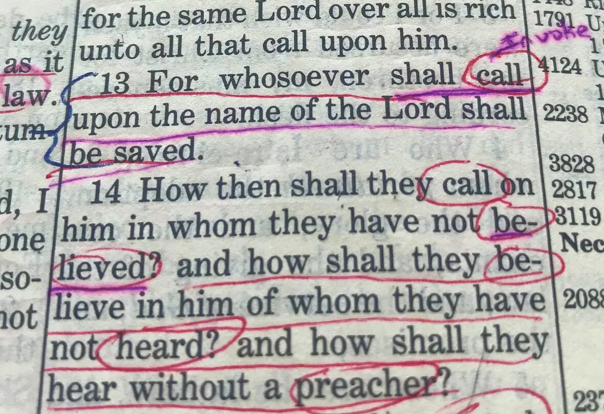 Highlighted verses in a bible with the word "call" circled in pink and "be" underlined in purple.