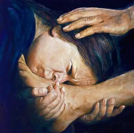 A painting of multiple hands cradling a woman's face with care and tenderness.