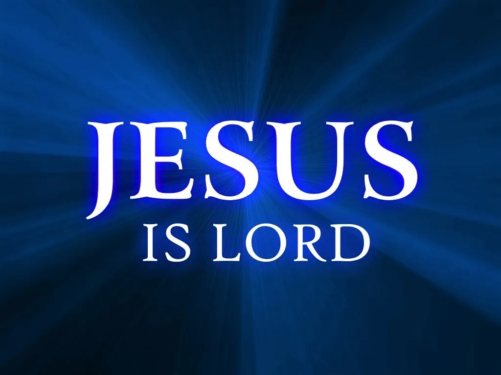 Graphic with text "jesus is lord" against a blue radiant background.