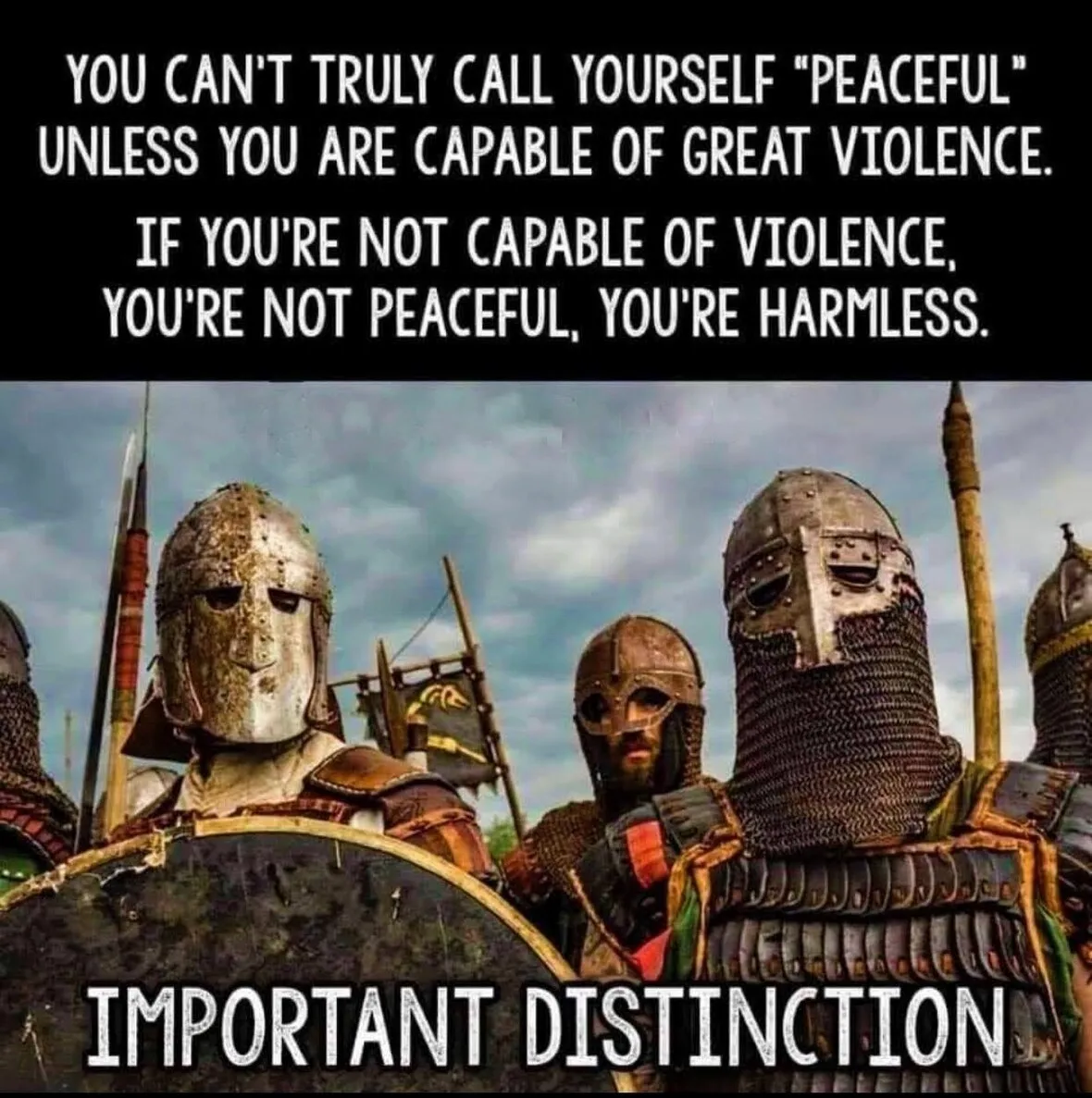 A meme presenting an argument about the definition of "peaceful" with a background image of three armored warriors.