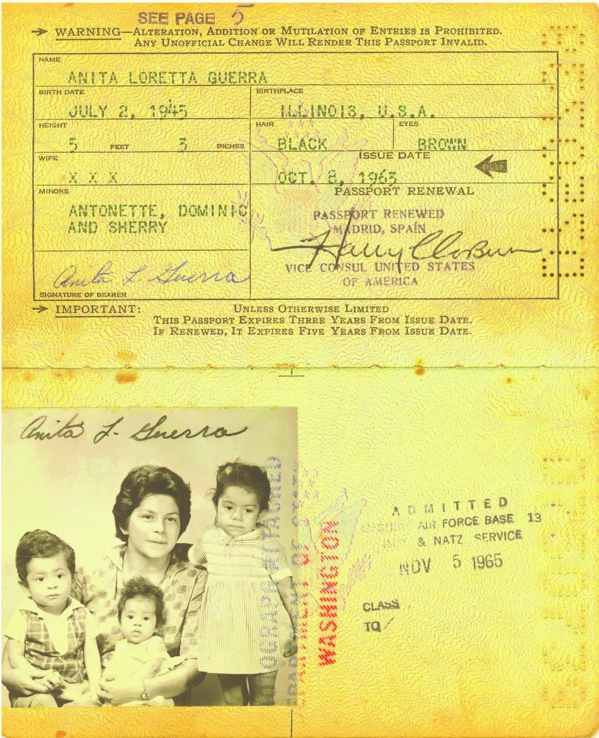 An old, faded passport with a renewal stamp and a black-and-white photograph of a woman with two young children.