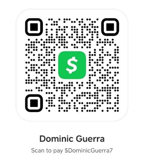 A Support Us square cash QR code for payment to a user named Dominic Guerra.