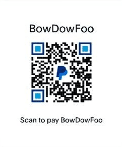 A QR code for mobile payment to support "bowdowfoo" with the PayPal logo embedded.