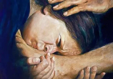 A painting of multiple hands cradling a woman's face with care and tenderness.