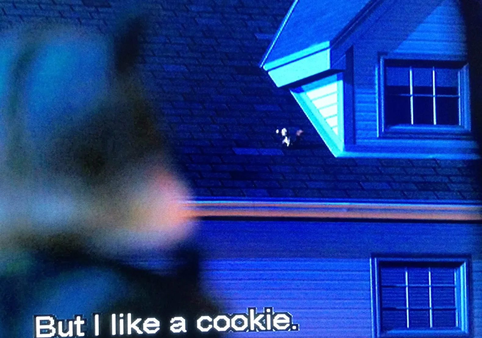 Blurred figure in the foreground with a clear view of a house at night, accompanied by the caption "but i like a cookie.