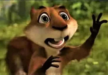 Animated chipmunk character with a surprised expression in a forest setting.