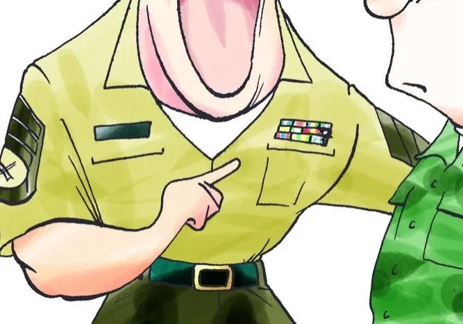 Illustration of a caricatured, stern-looking drill sergeant yelling at a soldier.