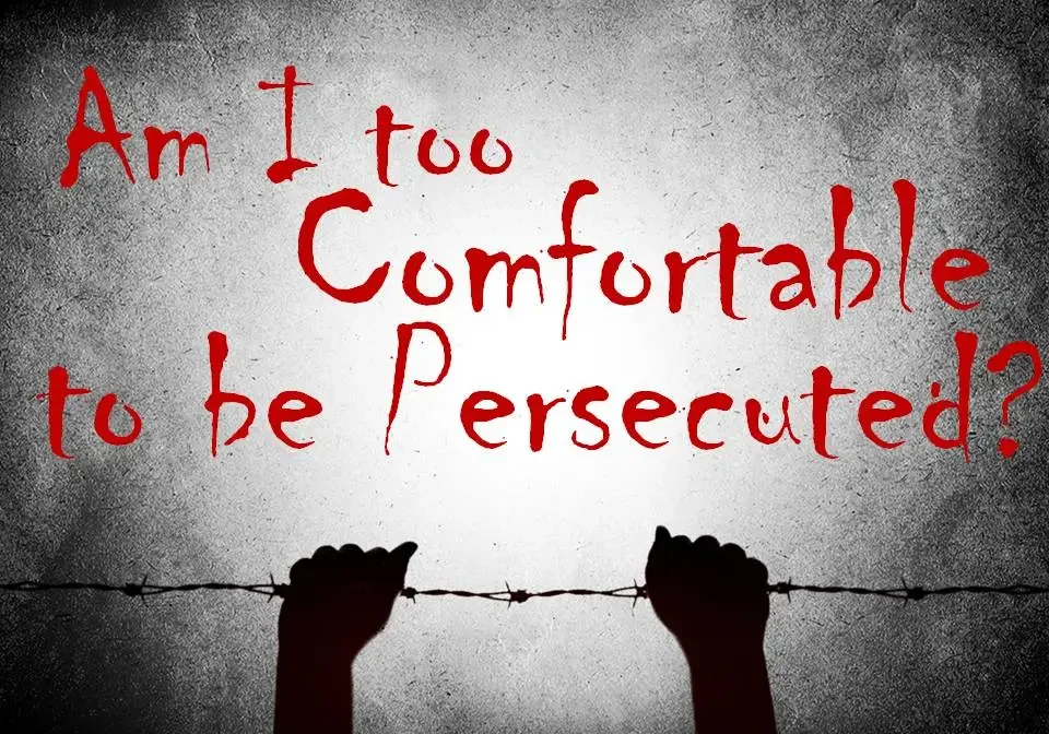 Two hands grasping a barbed wire with the text "am i too comfortable to be persecuted?" displayed in red letters against a textured grey background.