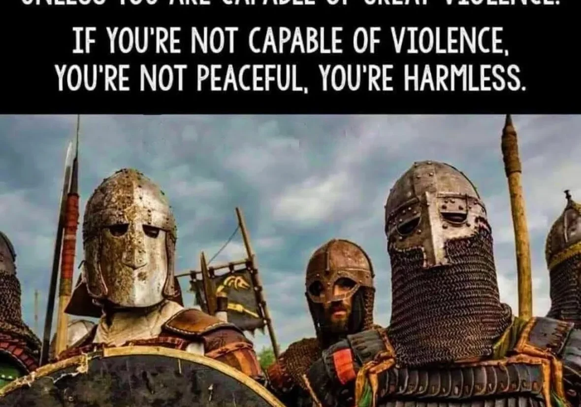 A meme presenting an argument about the definition of "peaceful" with a background image of three armored warriors.