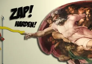 Illustration of a wall mural featuring an egyptian figure facing a classical god-like figure, with a speech bubble that reads "zap! harden!.