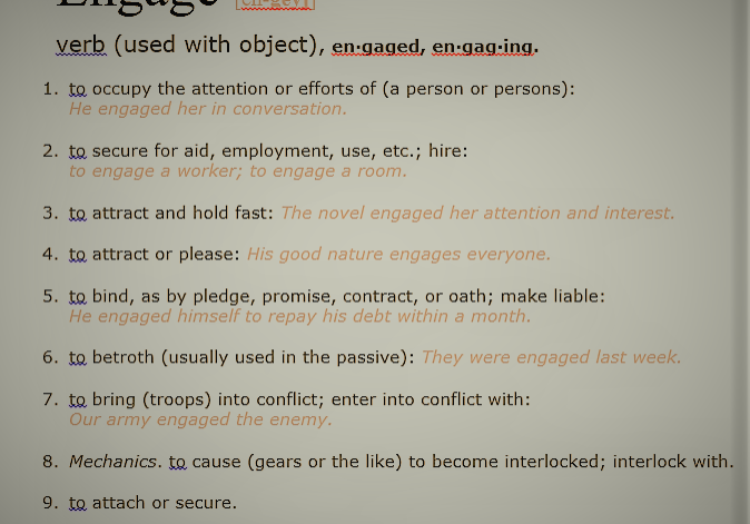 An open dictionary displaying the word "engage" along with its various definitions and examples of use.