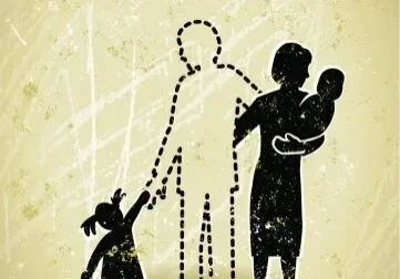 Illustration of a family with one parent missing, symbolized by a dotted outline, with the remaining parent holding a baby and a child holding onto the outline, accompanied by a dog.