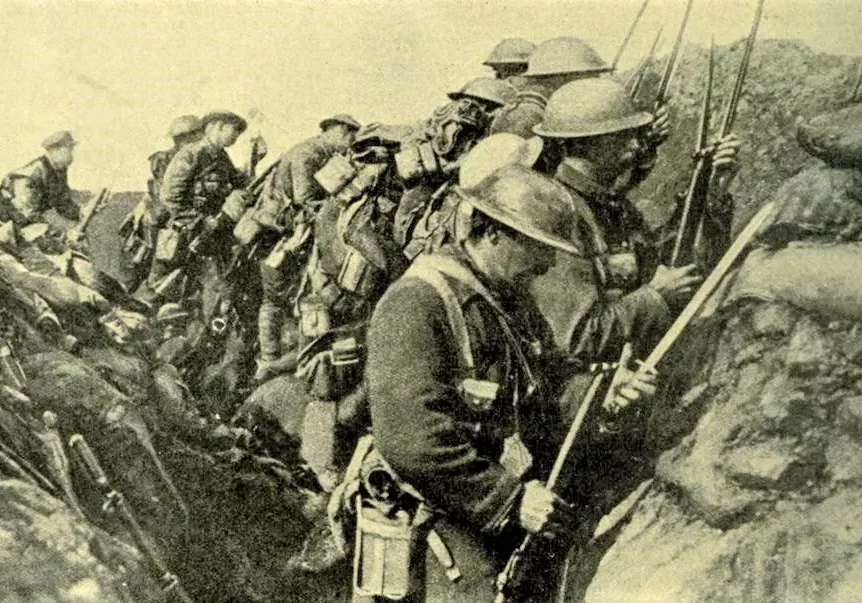 Soldiers in trenches prepared for battle during world war i.