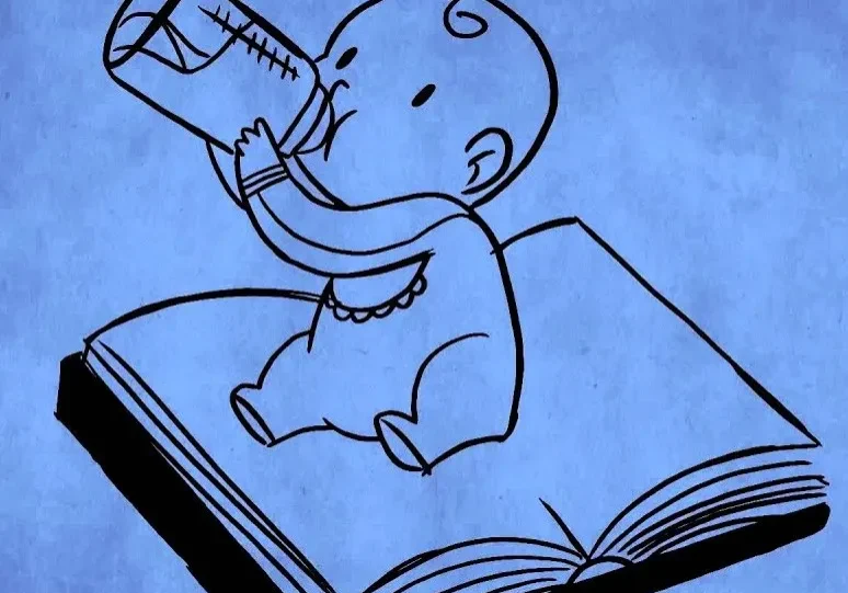 A cartoon baby drinking from a bottle while sitting on an open book.