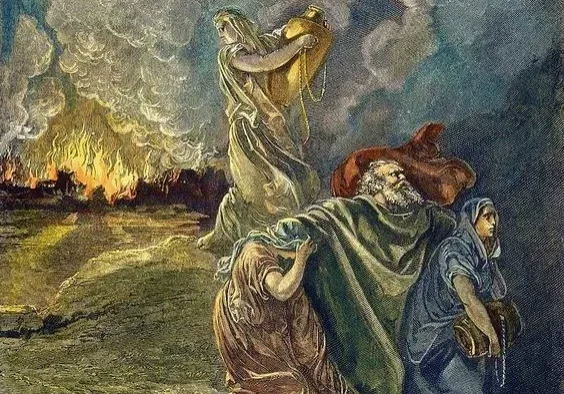 An illustration depicting the biblical escape of lot and his family from the burning city of sodom, with his wife looking back and turning into a pillar of salt.