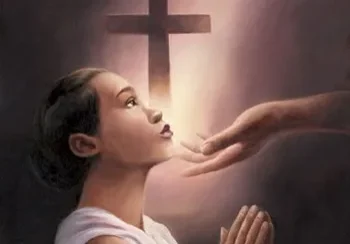 An illustration of a woman in prayer, looking up towards a divine hand with a cross in the background.